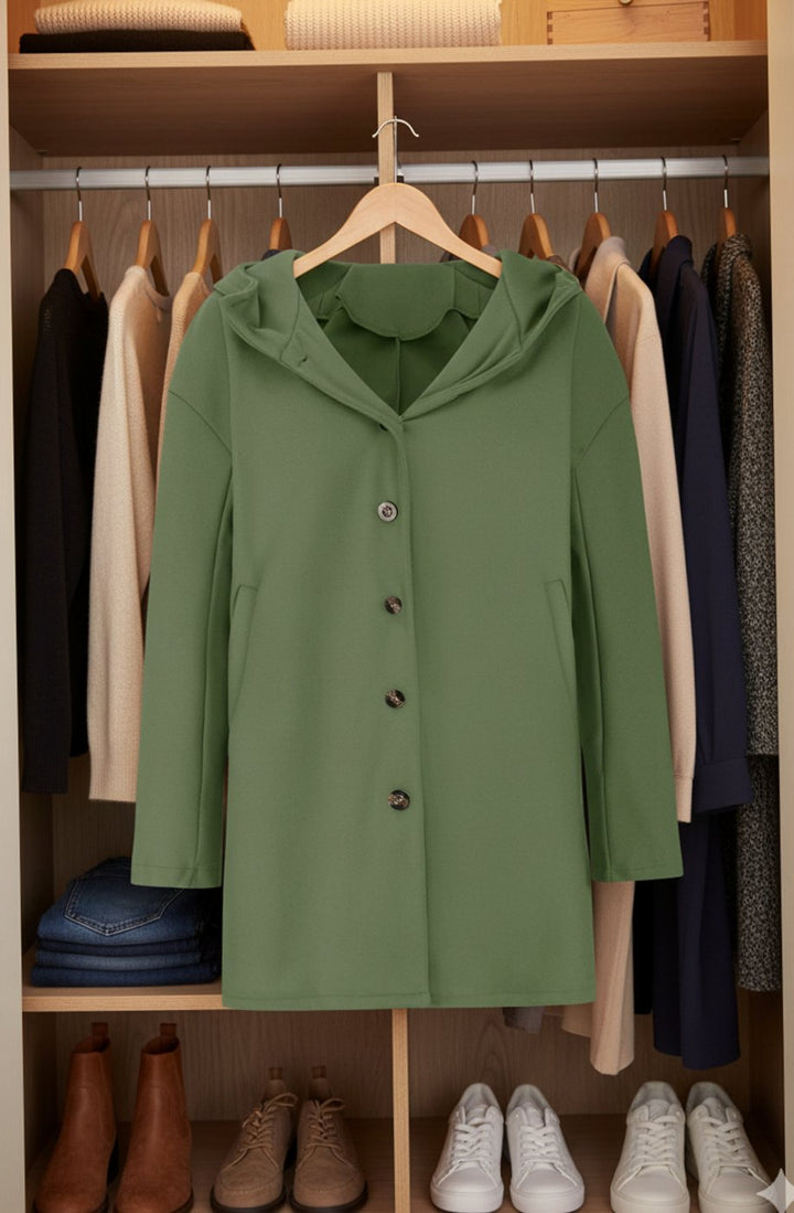 Women's Hooded Long-Line Button-Up Trench Coat, Light Grey