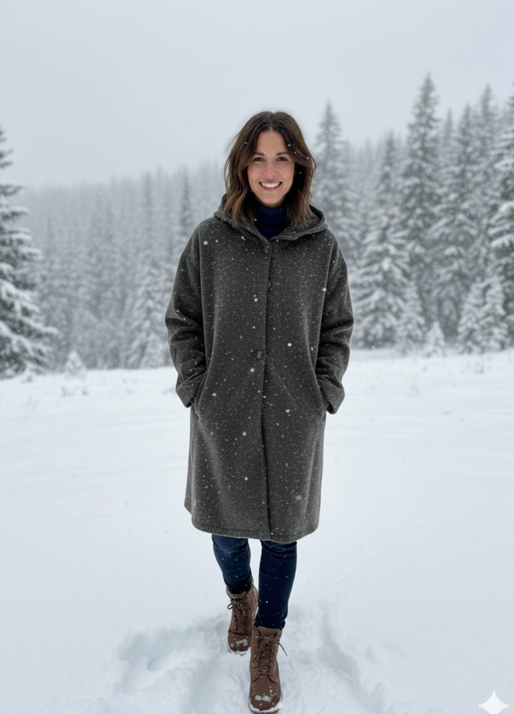Women's Hooded Long-Line Button-Up Trench Coat, Light Grey - Black
