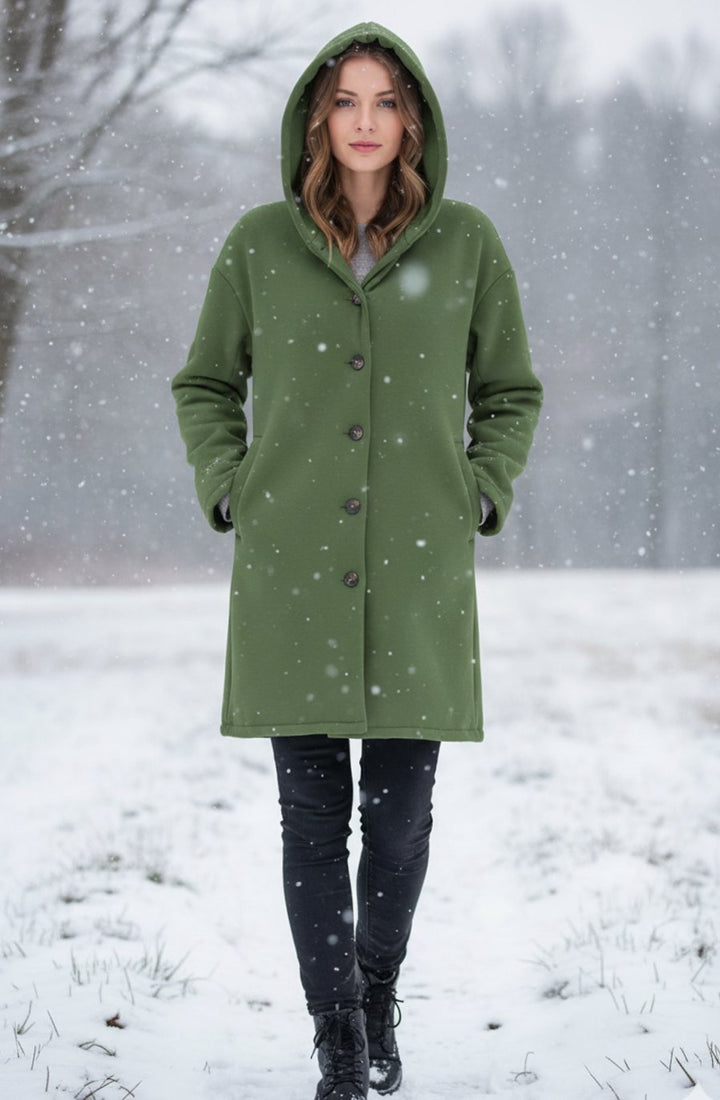 Women's Hooded Long-Line Button-Up Trench Coat, Light Grey - Green
