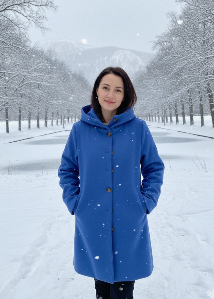 Women's Hooded Long-Line Button-Up Trench Coat, Light Grey - Blue