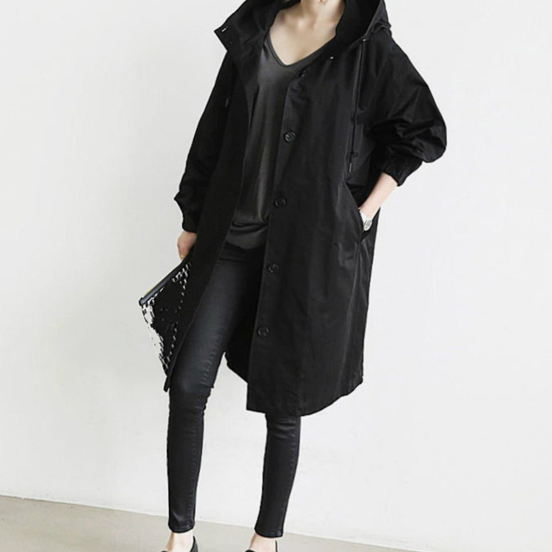Women's Hooded Longline Button-Up Trench Coat, Black - Black