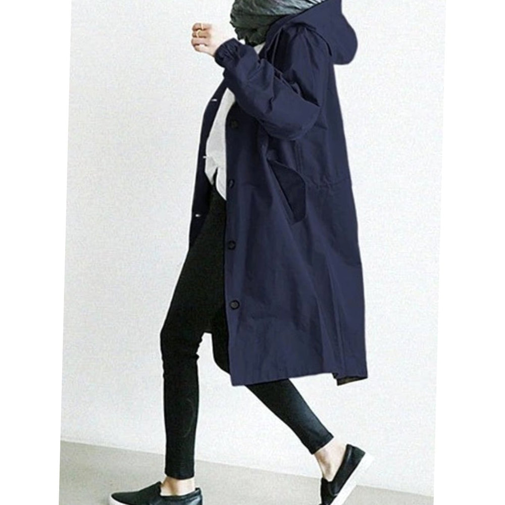 Women's Hooded Longline Button-Up Trench Coat, Black - Dark Navy