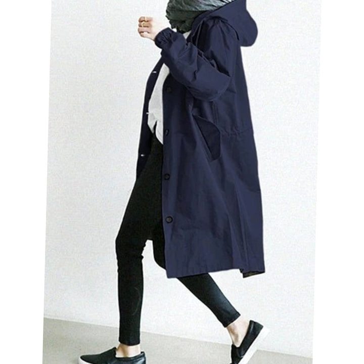 Women's Hooded Longline Button-Up Trench Coat, Black - Dark Navy