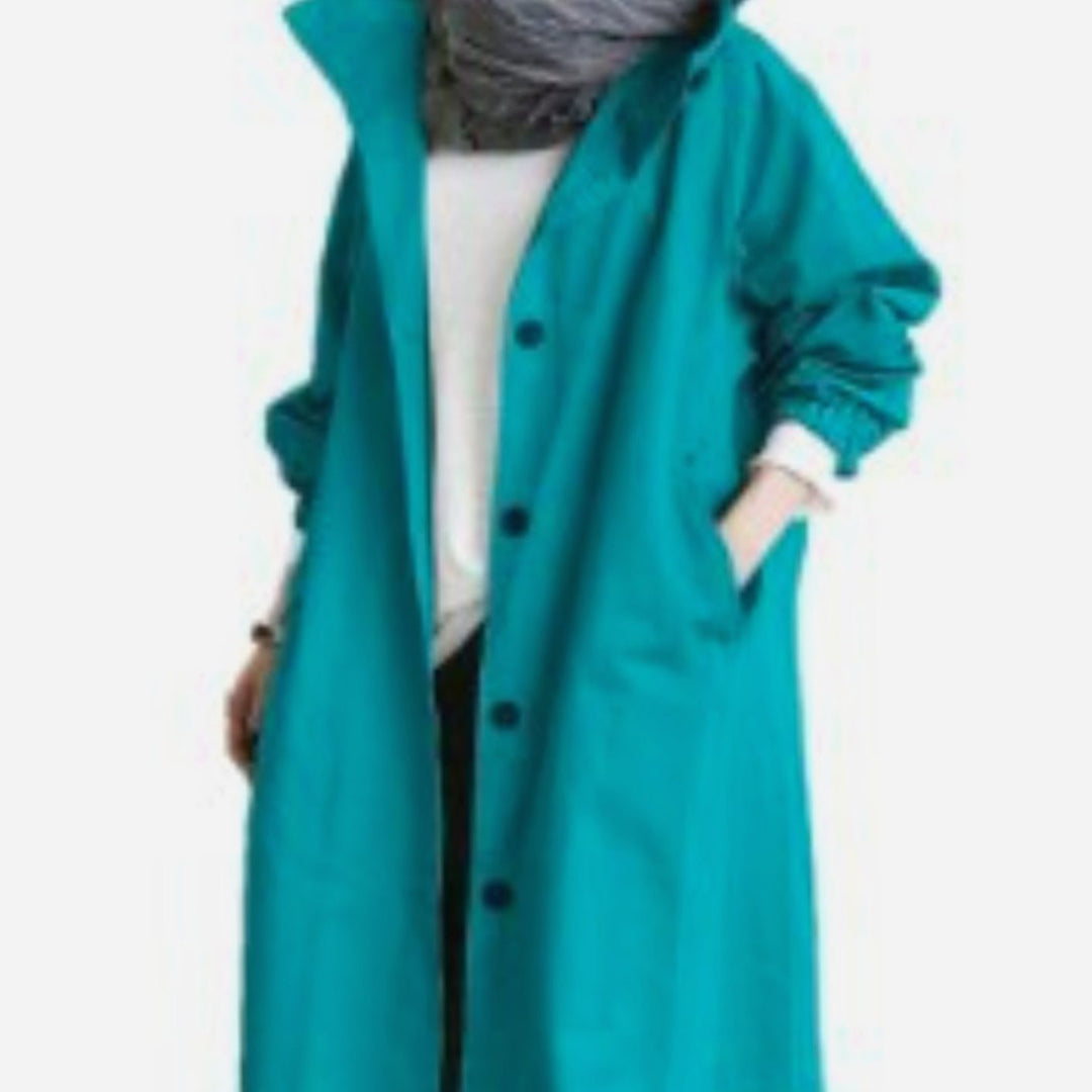 Women's Hooded Longline Button-Up Trench Coat, Black - Blue