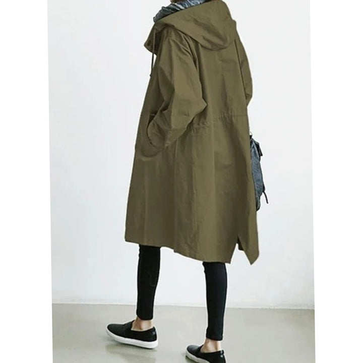 Women's Hooded Longline Button-Up Trench Coat, Black - Green