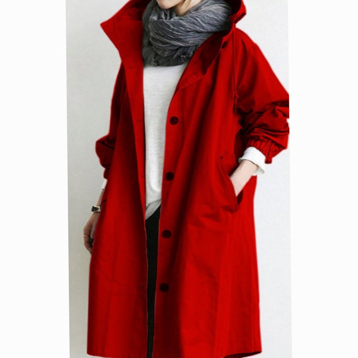 Women's Hooded Longline Button-Up Trench Coat, Black - Red