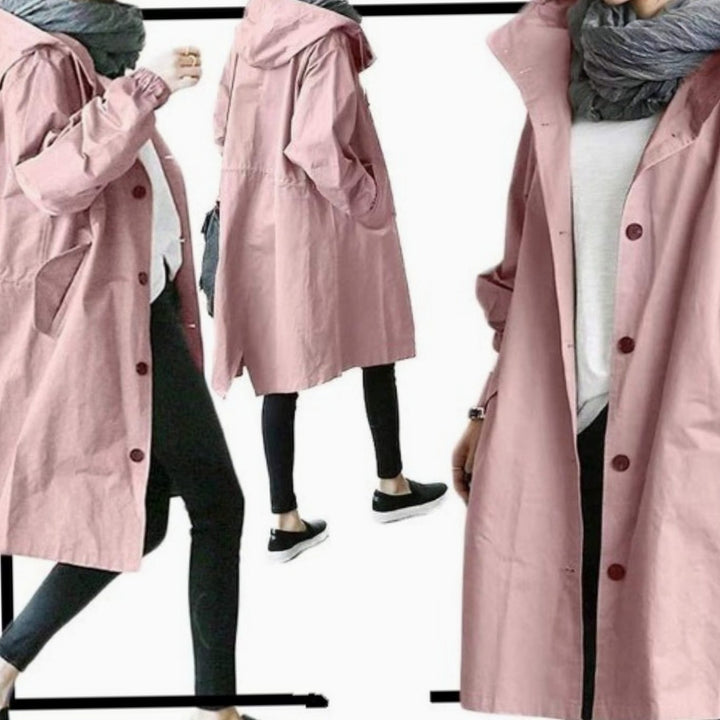Women's Hooded Longline Button-Up Trench Coat, Black - Pink
