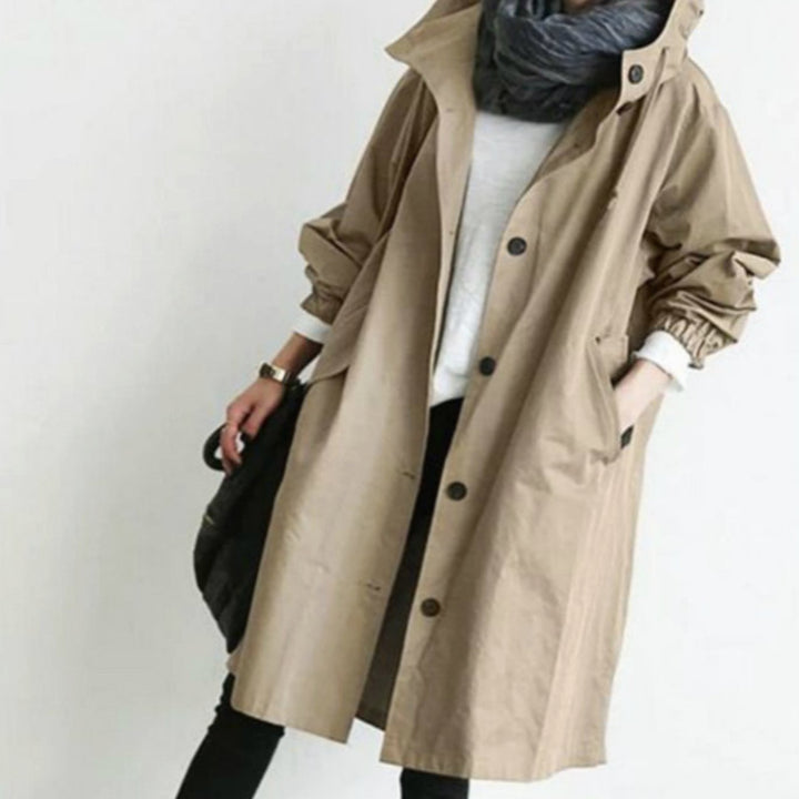 Women's Hooded Longline Button-Up Trench Coat, Black - Light Brown