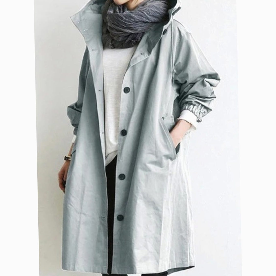 Women's Hooded Longline Button-Up Trench Coat, Black - Light Grey