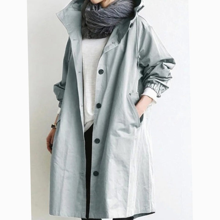 Women's Hooded Longline Button-Up Trench Coat, Black - Light Grey
