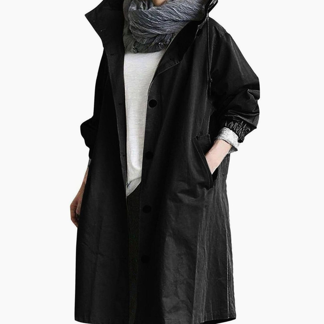 Women's Hooded Longline Drawstring Trench Coat - Black