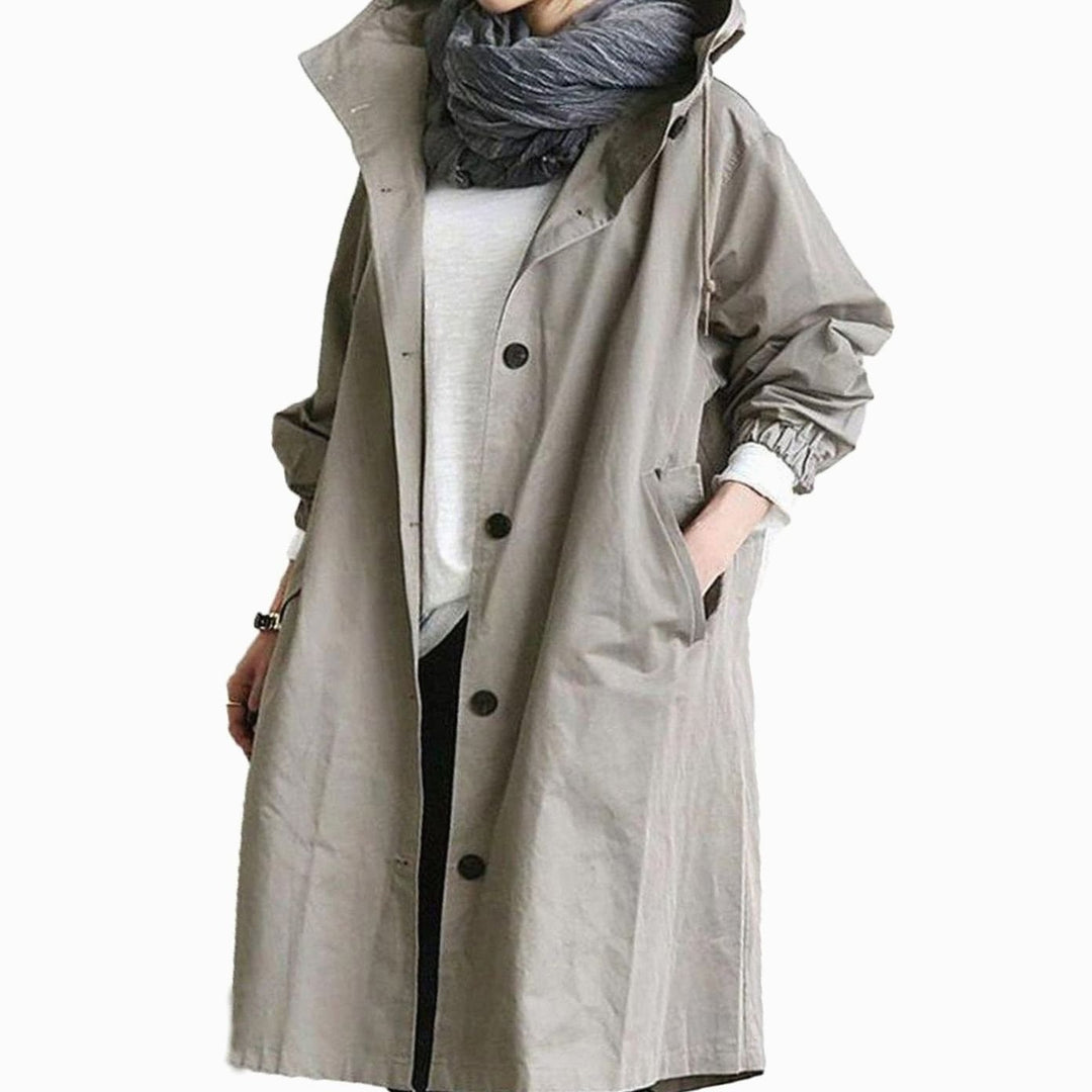 Women's Hooded Longline Drawstring Trench Coat - Grey