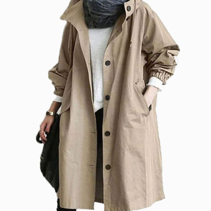 Women's Hooded Longline Drawstring Trench Coat - Khaki