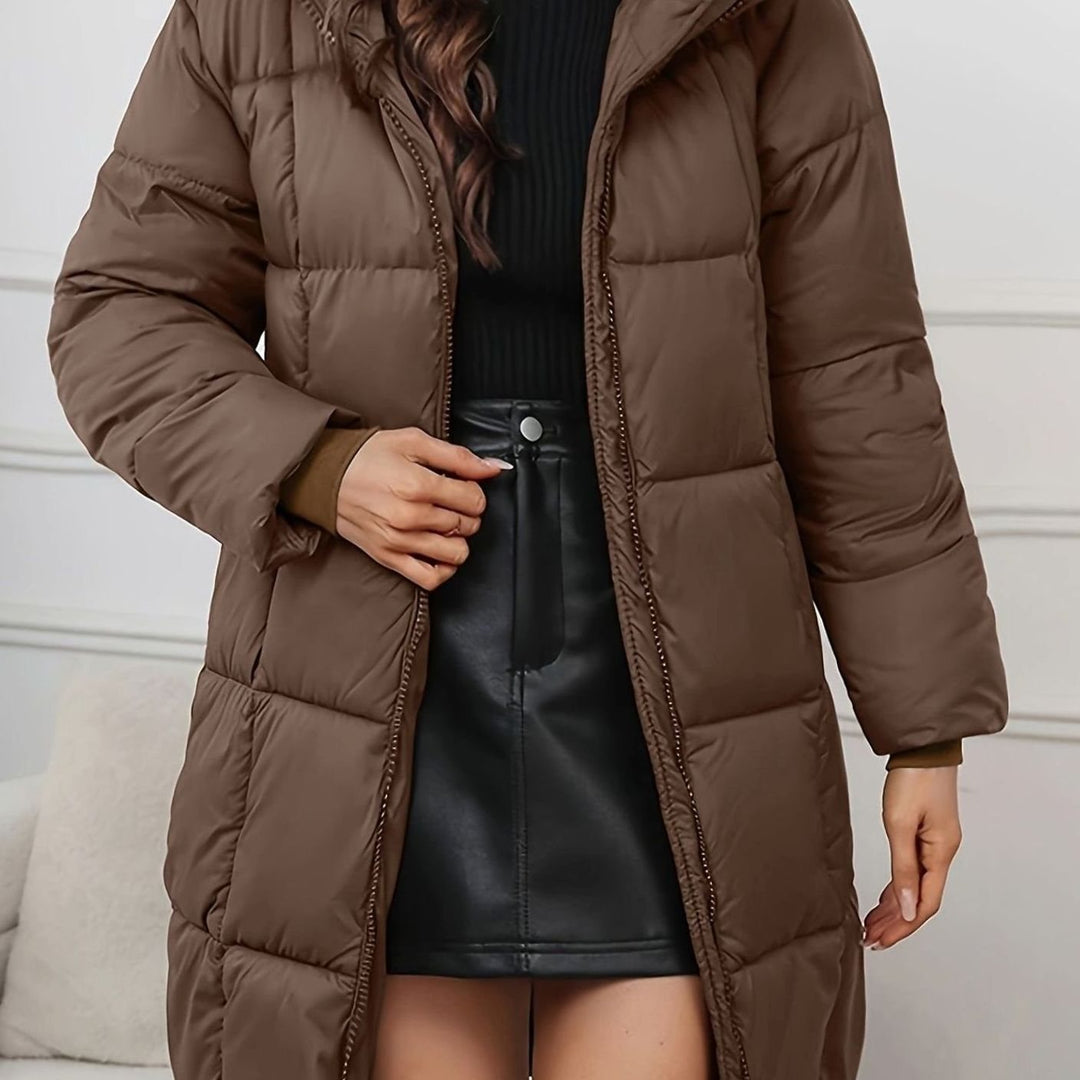 Women's Hooded Longline Quilted Puffer Coat - Reddish Brown