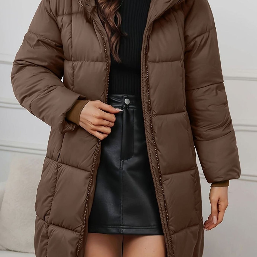 Women's Hooded Longline Quilted Puffer Coat, Brown - Reddish Brown