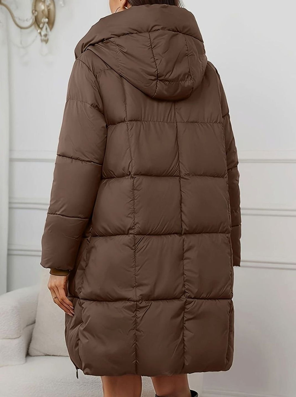 Women's Hooded Longline Quilted Puffer Coat, Brown