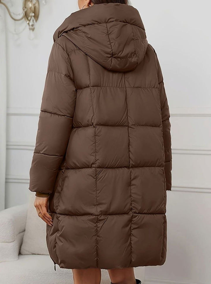 Women's Hooded Longline Quilted Puffer Coat, Brown