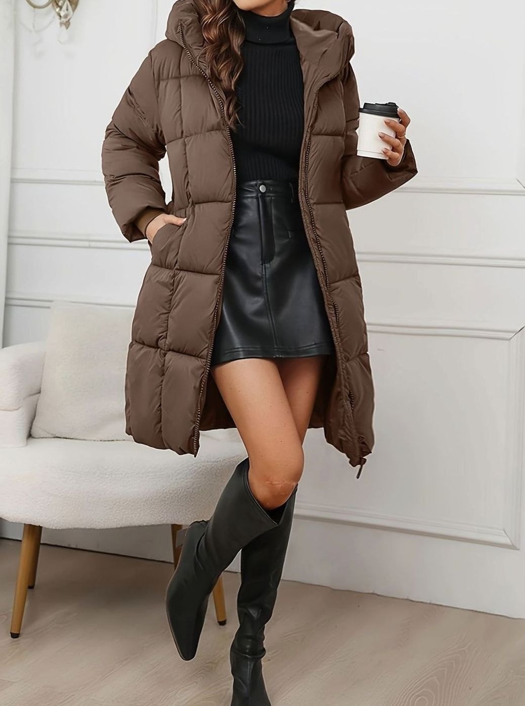 Women's Hooded Longline Quilted Puffer Coat, Brown