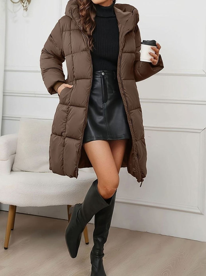 Women's Hooded Longline Quilted Puffer Coat, Brown