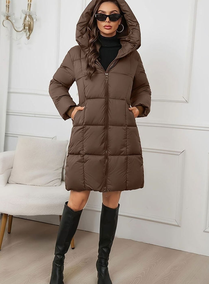 Women's Hooded Longline Quilted Puffer Coat, Brown