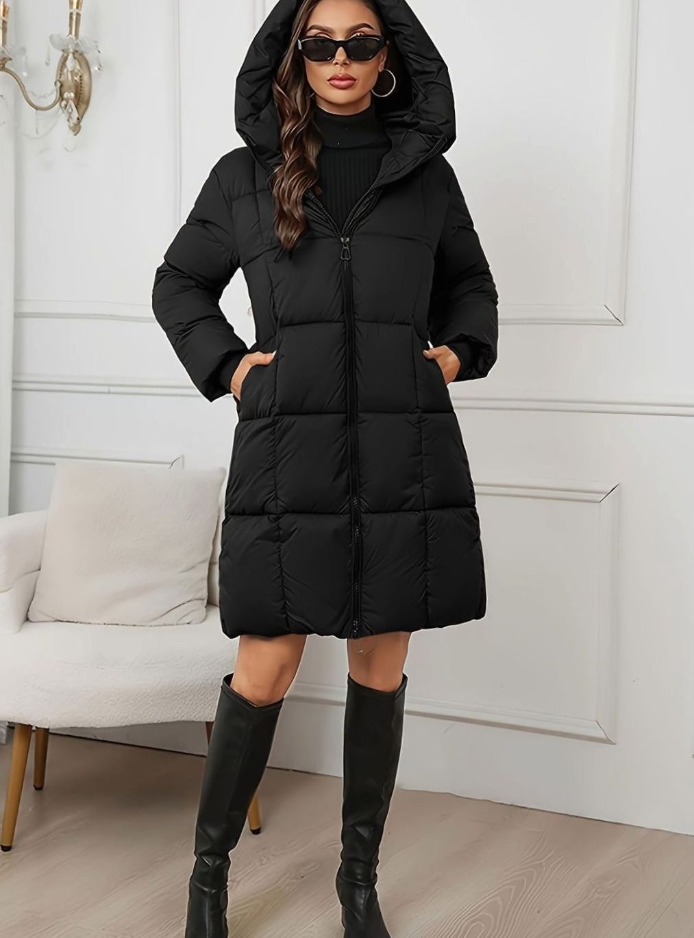 Women's Hooded Longline Quilted Puffer Coat, Brown
