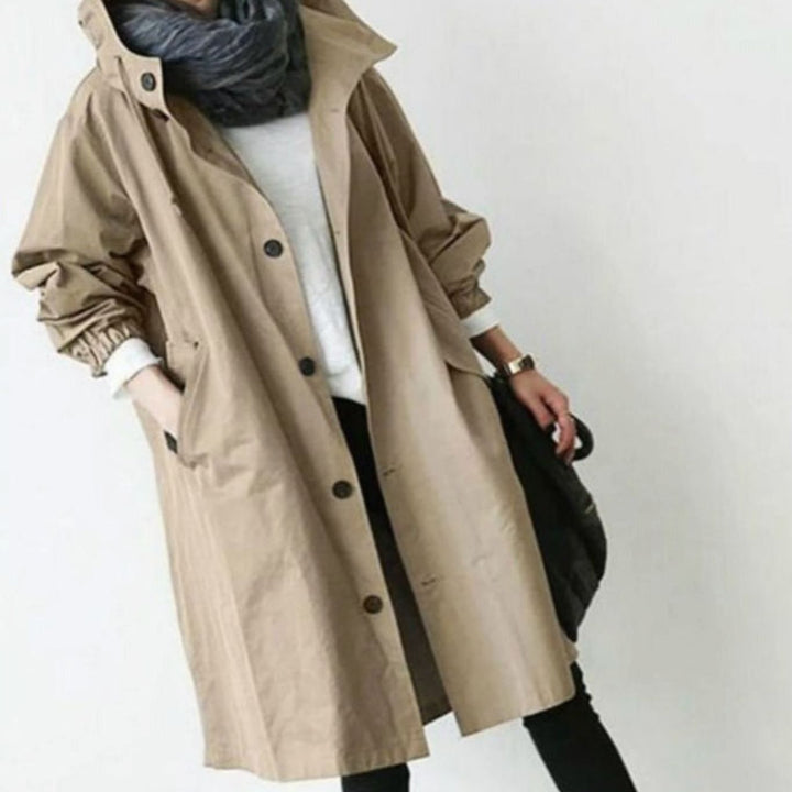 Women's Hooded Oversized Button-Up Trench Coat - Khaki