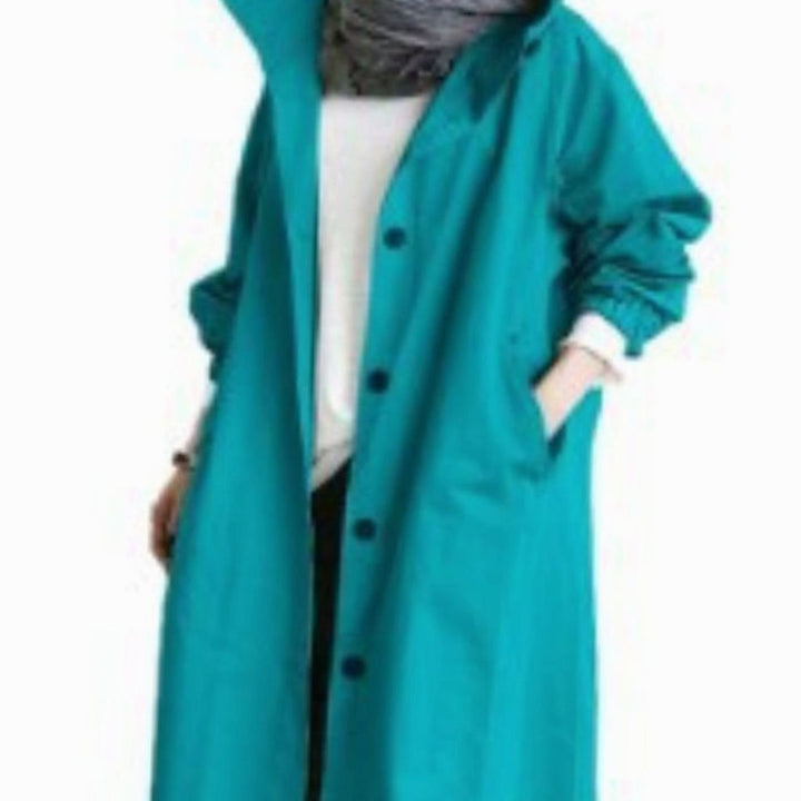 Women's Hooded Oversized Button-Up Trench Coat - Blue