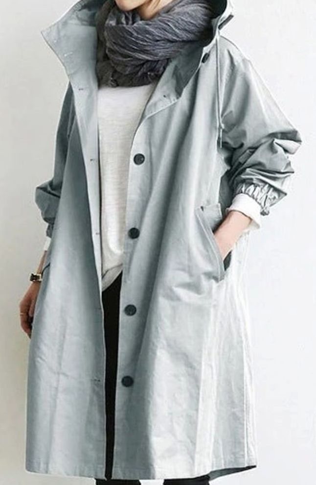 Women's Hooded Oversized Button-Up Trench Coat - Light Grey