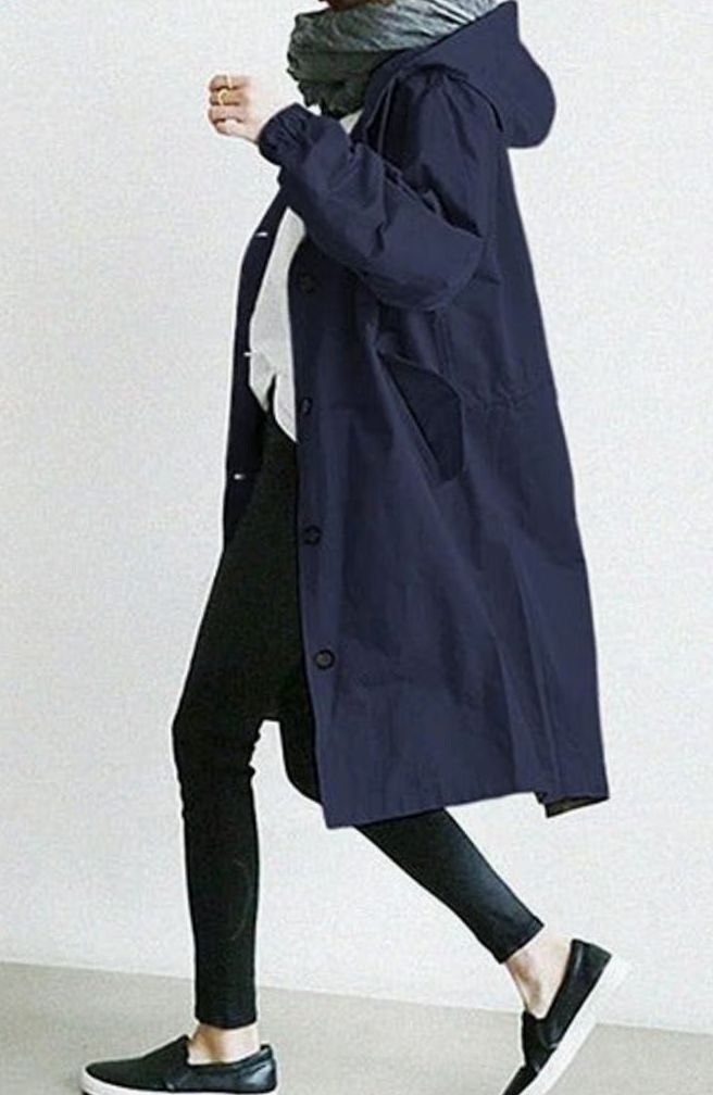Women's Hooded Oversized Button-Up Trench Coat - Navy Black