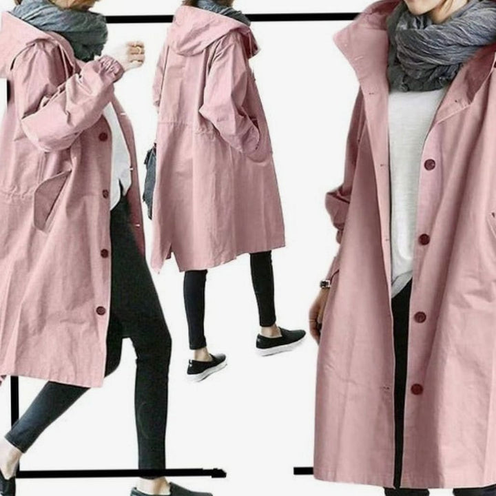 Women's Hooded Oversized Button-Up Trench Coat - Pink