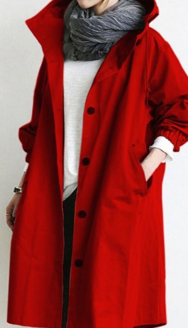 Women's Hooded Oversized Button-Up Trench Coat - Red