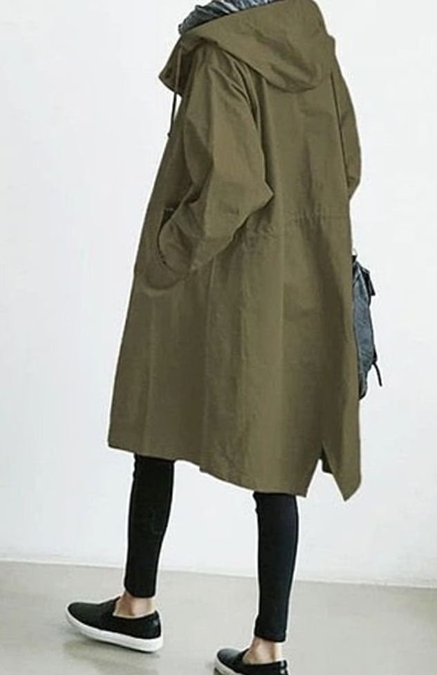 Women's Hooded Oversized Mid-Length Trench Coat - Army Green
