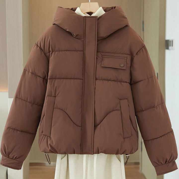 Women's Hooded Padded Short Puffer Jacket Hidden Zip Boxy Fit - Brown