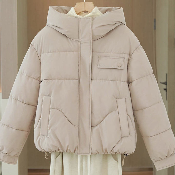 Women's Hooded Padded Short Puffer Jacket Hidden Zip Boxy Fit - Khaki