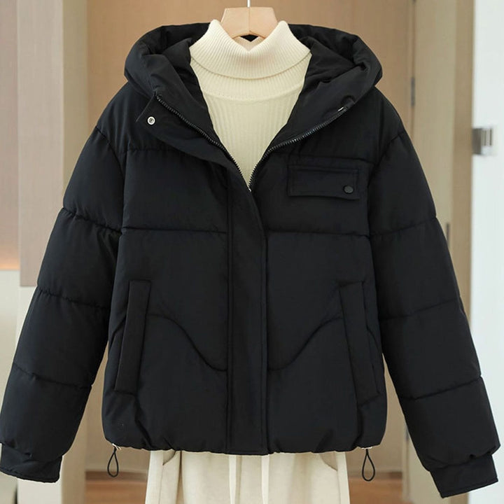 Women's Hooded Padded Short Puffer Jacket Hidden Zip Boxy Fit - Black