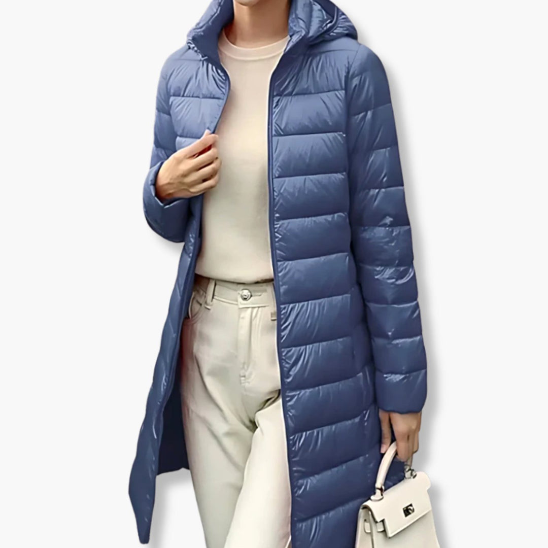 Women's Hooded Quilted Nylon Puffer Midi Coat - Blue