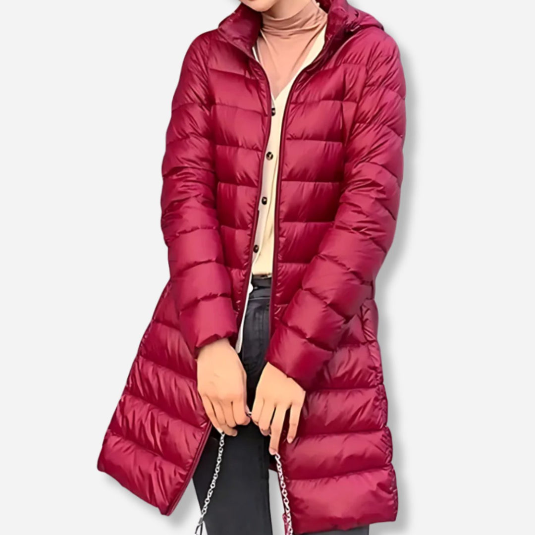 Women's Hooded Quilted Nylon Puffer Midi Coat - Red