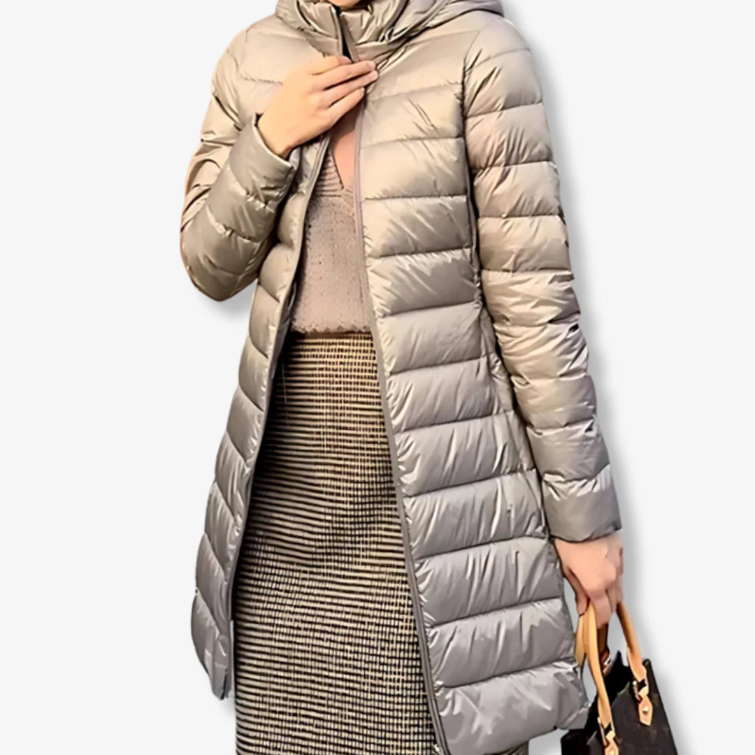 Women's Hooded Quilted Nylon Puffer Midi Coat - Khaki