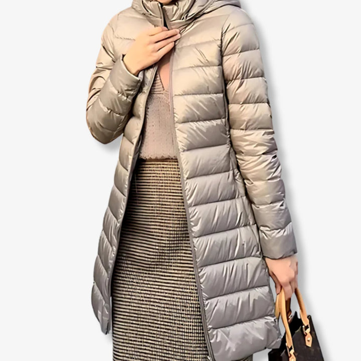 Women's Hooded Quilted Nylon Puffer Midi Coat - Khaki