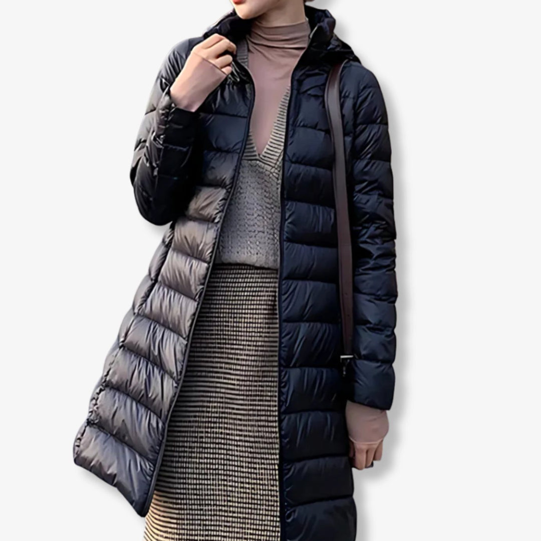 Women's Hooded Quilted Nylon Puffer Midi Coat - Black