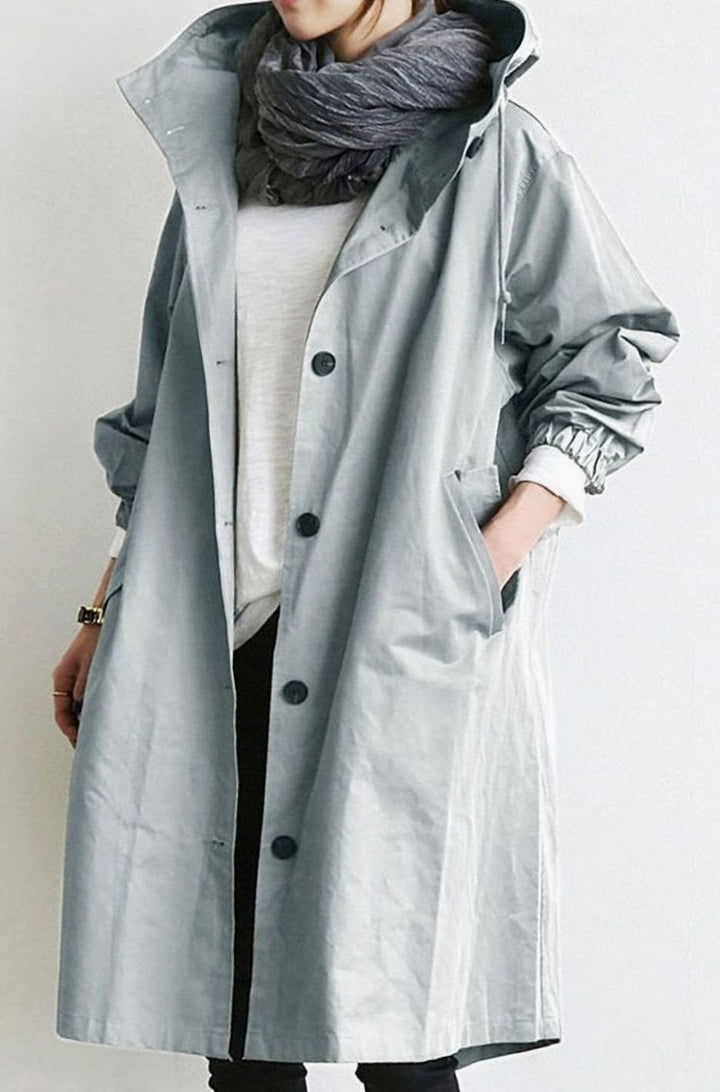Women's Hooded Relaxed-Fit Button-Up Trench Coat - Ice Grey