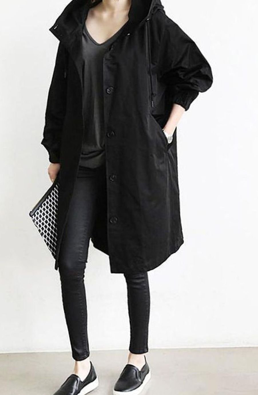 Women's Hooded Relaxed-Fit Button-Up Trench Coat - Black