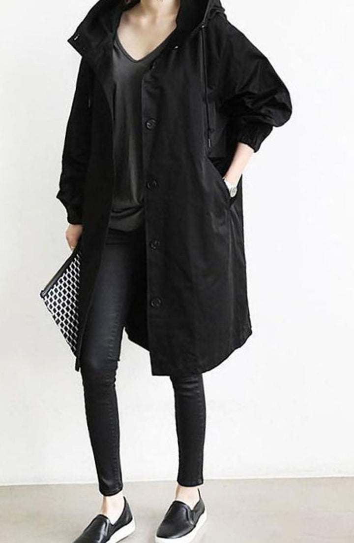 Women's Hooded Relaxed-Fit Button-Up Trench Coat - Black