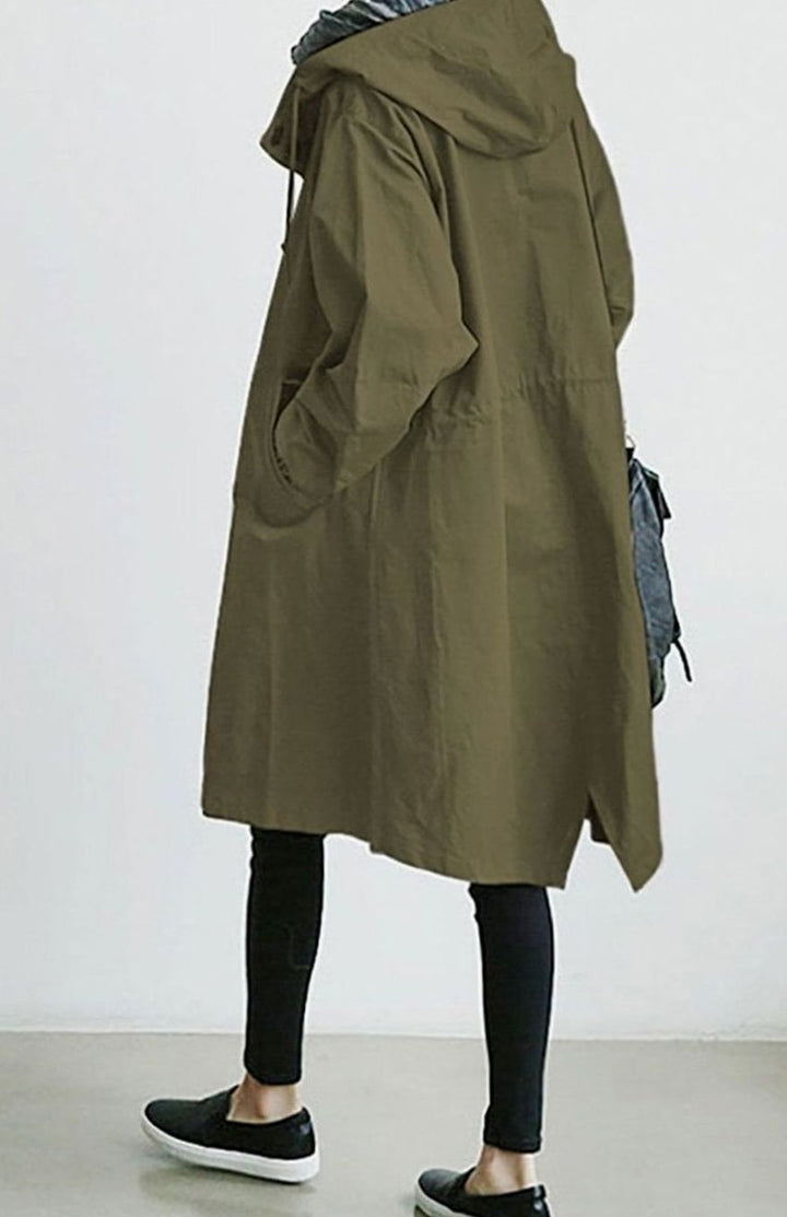 Women's Hooded Relaxed-Fit Button-Up Trench Coat - Military Green