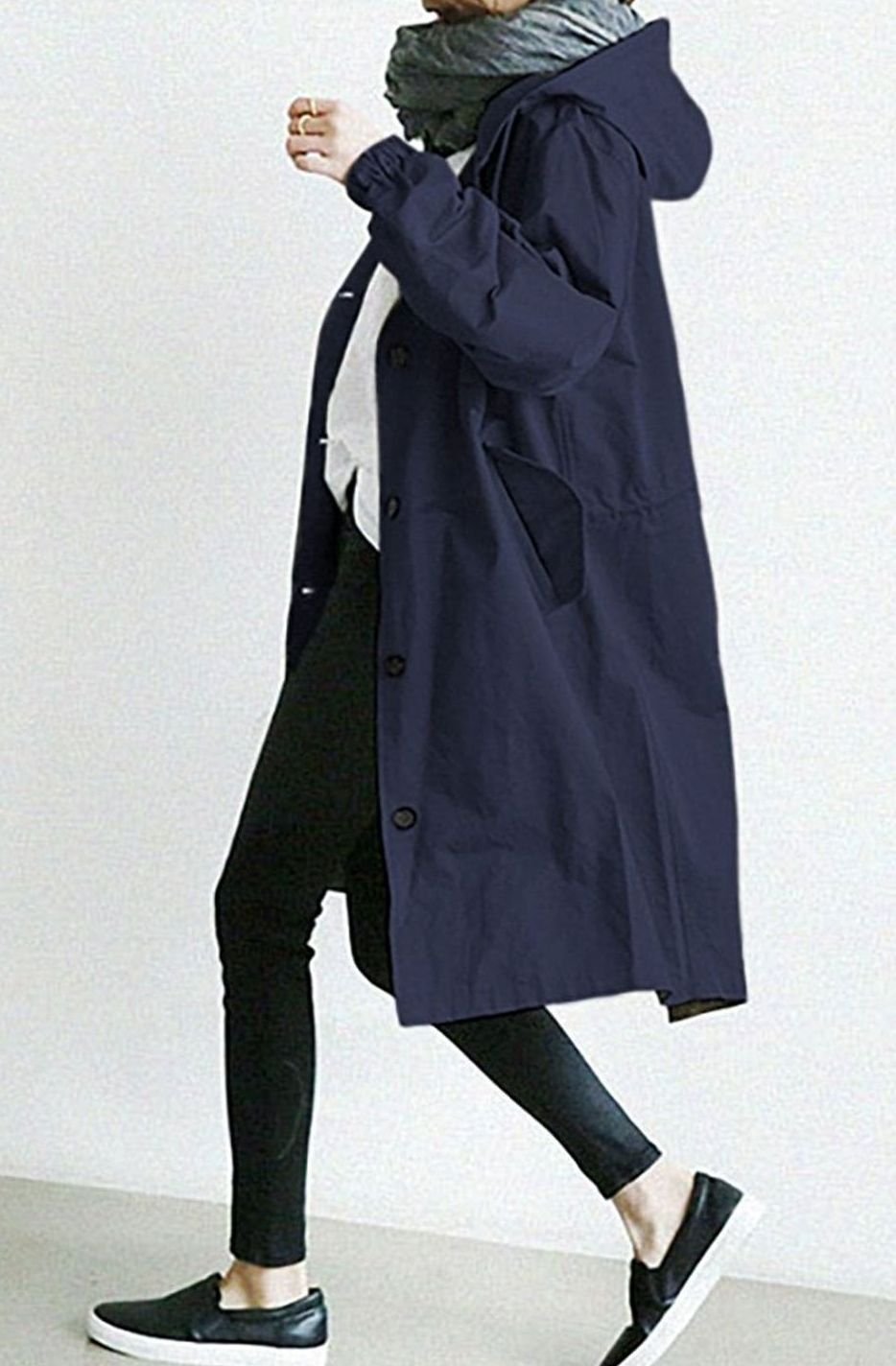 Women's Hooded Relaxed-Fit Button-Up Trench Coat - Navy Blue