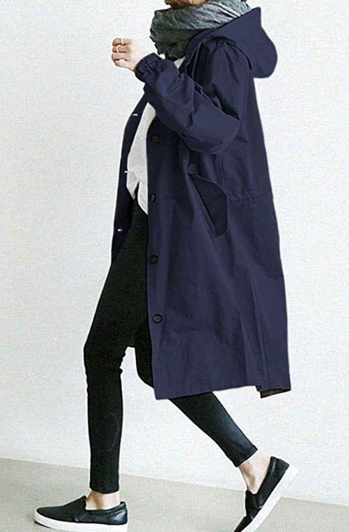 Women's Hooded Relaxed-Fit Button-Up Trench Coat - Navy Blue
