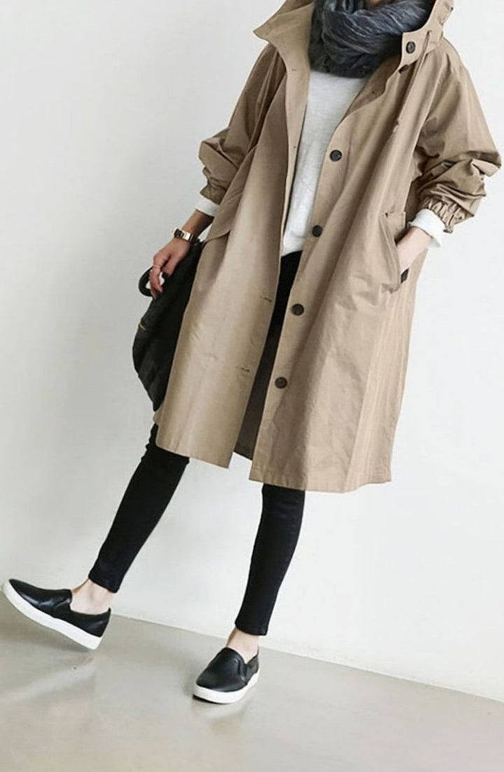 Women's Hooded Relaxed-Fit Button-Up Trench Coat - Beige