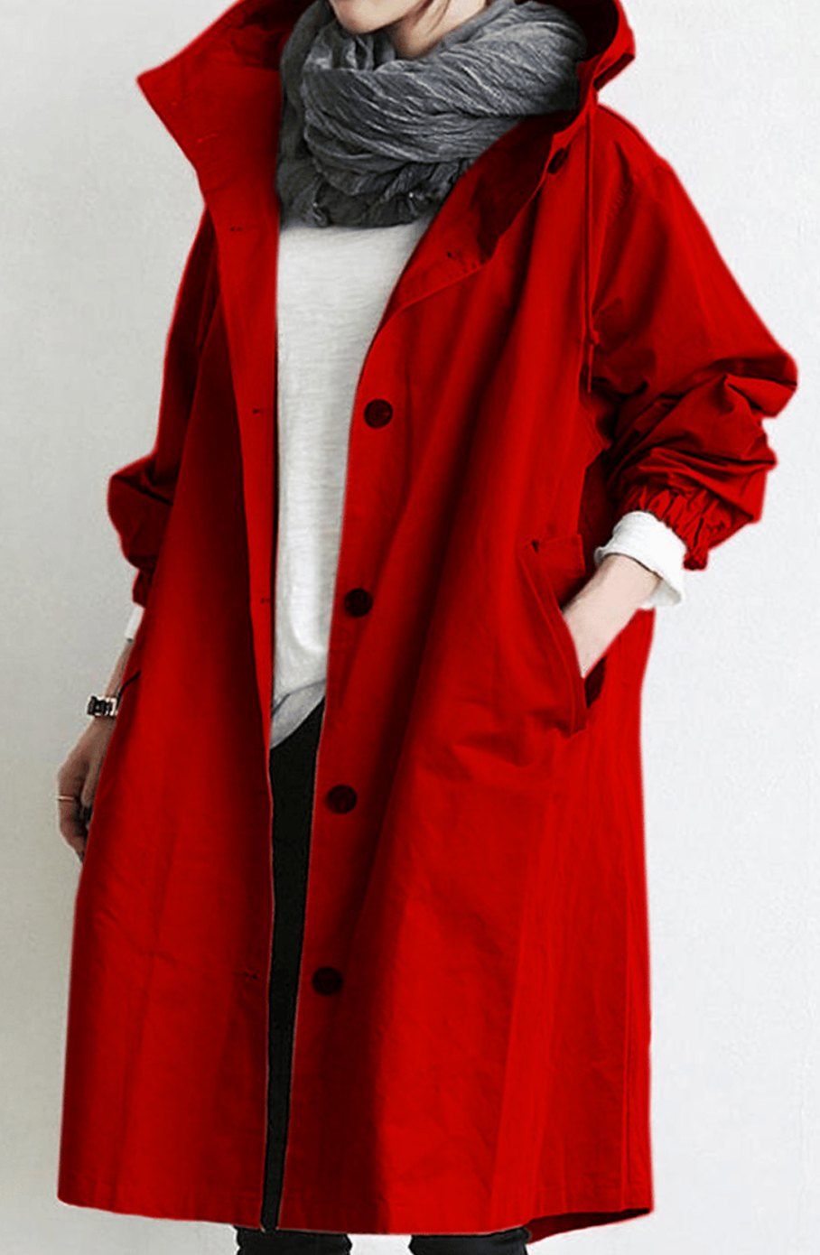 Women's Hooded Relaxed-Fit Button-Up Trench Coat - Red