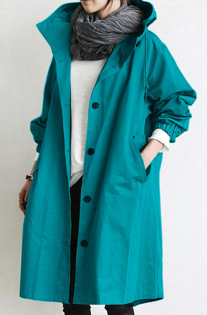 Women's Hooded Relaxed-Fit Button-Up Trench Coat - Teal