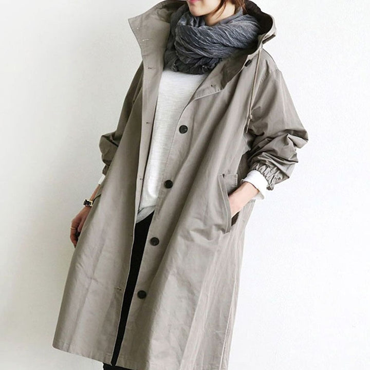 Women's Hooded Water-Resistant Longline Trench Coat - Grey